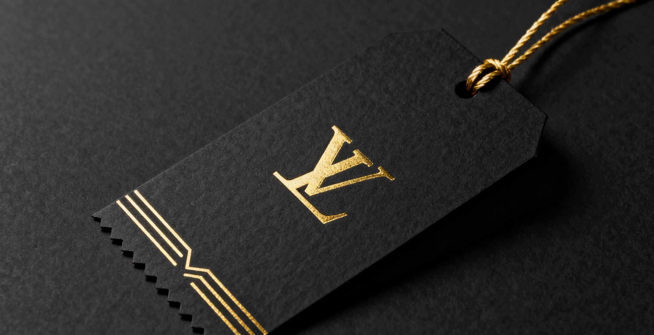 Hot stamping garment tags with metallic gold finish.